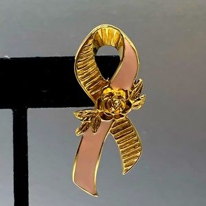 Vintage Avon Brooch with Pink Ribbon (breast cancer awareness) and Gold Rose.